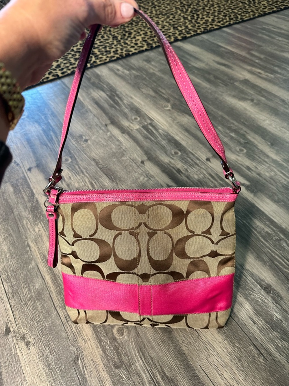 Coach Signature Canvas Pink Stripe Shoulder Bag Small Zip Top Purse - Picture 5 of 7
